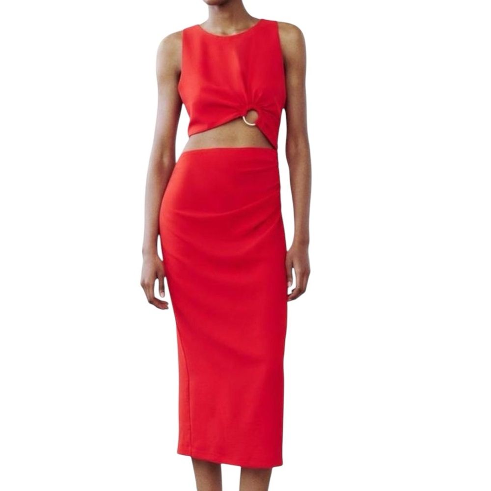 Zara Red Cut Out Midi Dress Medium Ring Detail Sleeveless Wedding Guest Cocktail - Picture 2 of 8